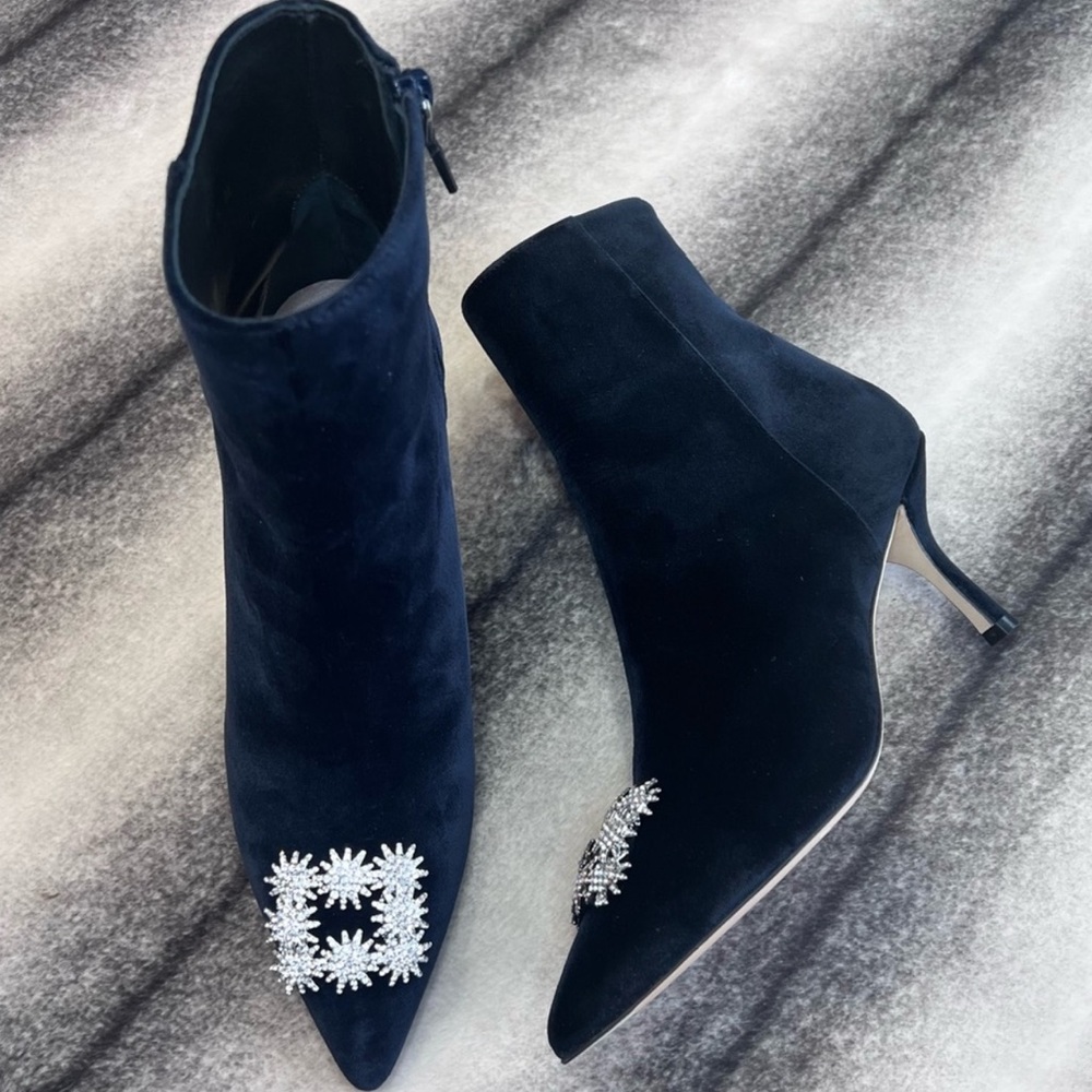 Stuart Weitzman Kera Ankle Embellished Buckle Detail Blue Heeled Bootie Boots